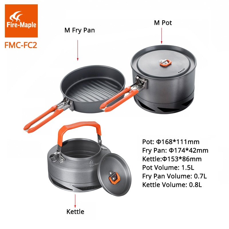 Fire Maple Camping Utensils Dishes Cookware Set Picnic Hiking Heat Exchanger Pot Kettle FMC-FC2 Outdoor Tourism Tableware
